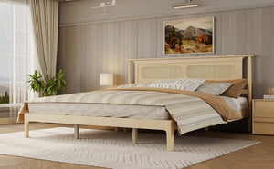 English Elm King Solid Pine Bed with Woven Rattan Headboard Farmhouse Platform Eight Leg Support Natural King W504P462851