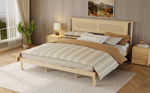 English Elm King Solid Pine Bed with Woven Rattan Headboard Farmhouse Platform Eight Leg Support Natural King W504P462851
