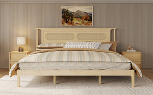 English Elm King Solid Pine Bed with Woven Rattan Headboard Farmhouse Platform Eight Leg Support Natural King W504P462851