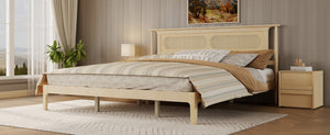 English Elm King Solid Pine Bed with Woven Rattan Headboard Farmhouse Platform Eight Leg Support Natural King W504P462851