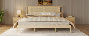 English Elm King Solid Pine Bed with Woven Rattan Headboard Farmhouse Platform Eight Leg Support Natural King W504P462851