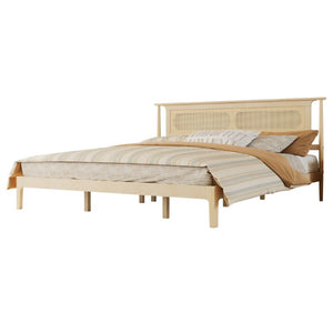 English Elm King Solid Pine Bed with Woven Rattan Headboard Farmhouse Platform Eight Leg Support Natural King W504P462851