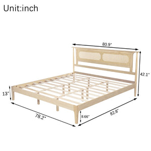 English Elm King Solid Pine Bed with Woven Rattan Headboard Farmhouse Platform Eight Leg Support Natural King W504P462851
