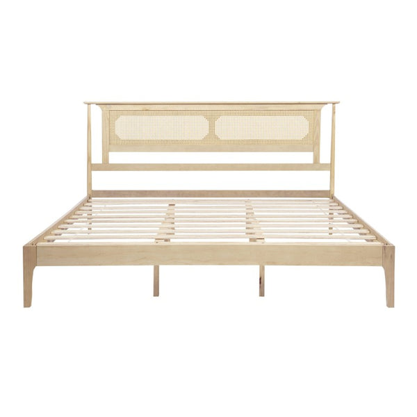 English Elm King Solid Pine Bed with Woven Rattan Headboard Farmhouse Platform Eight Leg Support Natural King W504P462851
