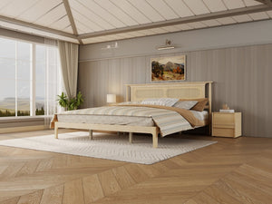 English Elm King Solid Pine Bed with Woven Rattan Headboard Farmhouse Platform Eight Leg Support Natural King W504P462851
