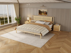 English Elm King Solid Pine Bed with Woven Rattan Headboard Farmhouse Platform Eight Leg Support Natural King W504P462851