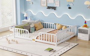 English Elm King Solid Pine Bed with Woven Rattan Headboard Farmhouse Platform Eight Leg Support White Queen W504P462865
