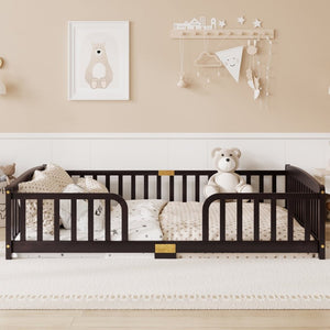 English Elm Twin Over Rubberwood Bunk Bed with Pull-Out Trundle for Kids Shared Rooms Espresso Floor Fence Bed W504P462867
