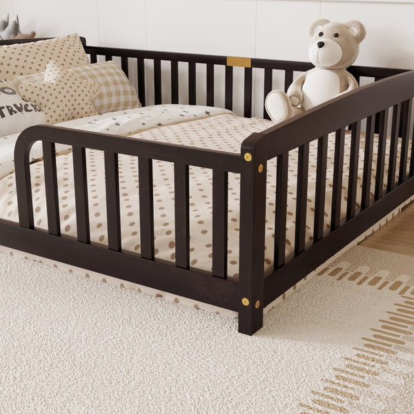 English Elm Twin Over Rubberwood Bunk Bed with Pull-Out Trundle for Kids Shared Rooms Espresso Floor Fence Bed W504P462867
