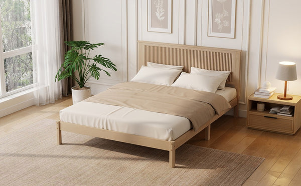 English Elm Queen Solid Rubberwood Platform Bed with Wave Headboard and Reinforced Slat Base Natural W504P473253