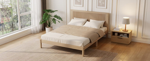 English Elm Queen Solid Rubberwood Platform Bed with Wave Headboard and Reinforced Slat Base Natural W504P473253