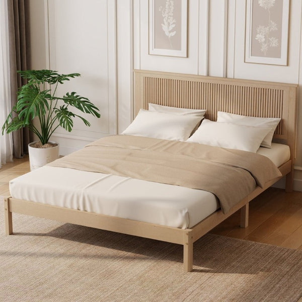 English Elm Queen Solid Rubberwood Platform Bed with Wave Headboard and Reinforced Slat Base Natural W504P473253
