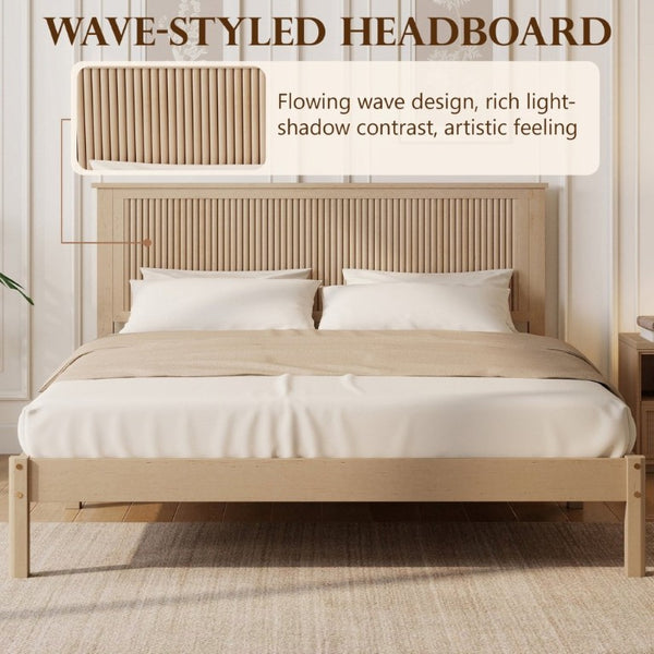English Elm Queen Solid Rubberwood Platform Bed with Wave Headboard and Reinforced Slat Base Natural W504P473253