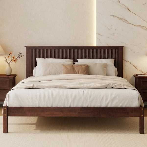 English Elm Queen Solid Rubberwood Platform Bed with Wave Headboard and Reinforced Slat Base Walnut W504P473259