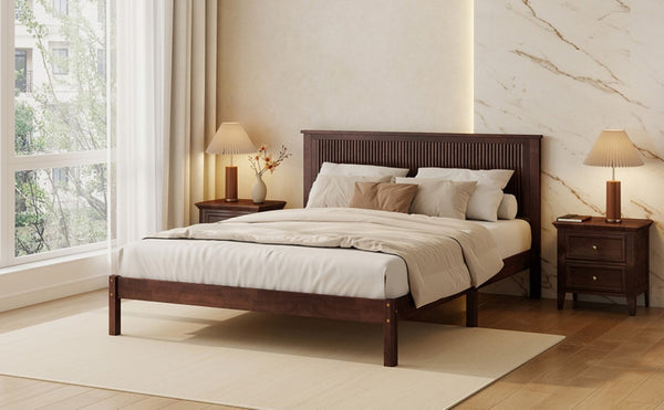 English Elm Queen Solid Rubberwood Platform Bed with Wave Headboard and Reinforced Slat Base Walnut W504P473259