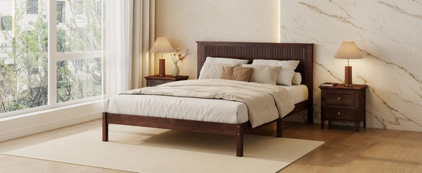 English Elm Queen Solid Rubberwood Platform Bed with Wave Headboard and Reinforced Slat Base Walnut W504P473259