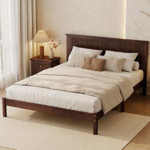 English Elm Queen Solid Rubberwood Platform Bed with Wave Headboard and Reinforced Slat Base Walnut W504P473259