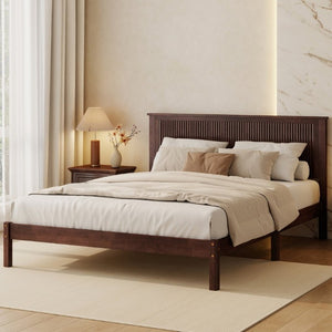 English Elm Queen Solid Rubberwood Platform Bed with Wave Headboard and Reinforced Slat Base Walnut W504P473259