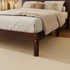 English Elm Queen Solid Rubberwood Platform Bed with Wave Headboard and Reinforced Slat Base Walnut W504P473259