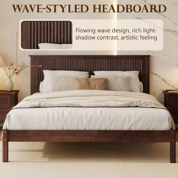 English Elm Queen Solid Rubberwood Platform Bed with Wave Headboard and Reinforced Slat Base Walnut W504P473259