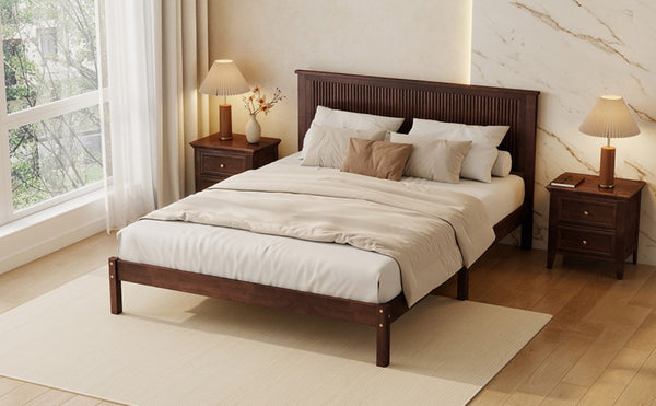 English Elm Queen Solid Rubberwood Platform Bed with Wave Headboard and Reinforced Slat Base Walnut W504P473259