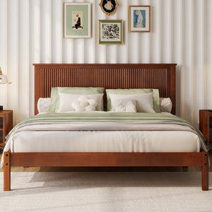 English Elm Queen Solid Rubberwood Platform Bed Sculptural Wave Headboard Walnut Finish W504P473271