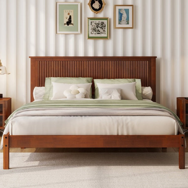 English Elm Queen Solid Rubberwood Platform Bed Sculptural Wave Headboard Walnut Finish W504P473271