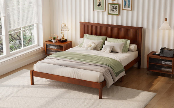 English Elm Queen Solid Rubberwood Platform Bed Sculptural Wave Headboard Walnut Finish W504P473271