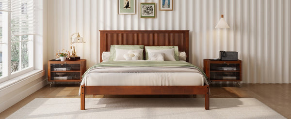 English Elm Queen Solid Rubberwood Platform Bed Sculptural Wave Headboard Walnut Finish W504P473271