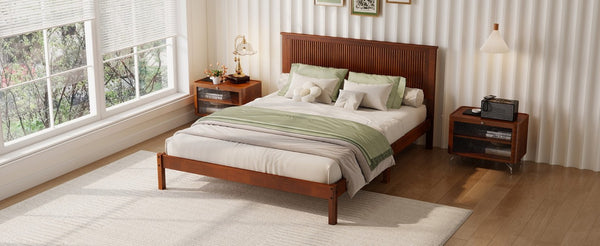 English Elm Queen Solid Rubberwood Platform Bed Sculptural Wave Headboard Walnut Finish W504P473271