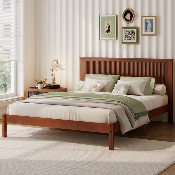 English Elm Queen Solid Rubberwood Platform Bed Sculptural Wave Headboard Walnut Finish W504P473271