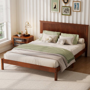 English Elm Queen Solid Rubberwood Platform Bed Sculptural Wave Headboard Walnut Finish W504P473271