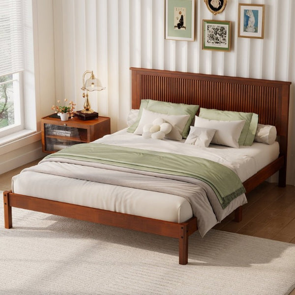 English Elm Queen Solid Rubberwood Platform Bed Sculptural Wave Headboard Walnut Finish W504P473271