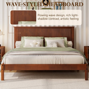 English Elm Queen Solid Rubberwood Platform Bed Sculptural Wave Headboard Walnut Finish W504P473271