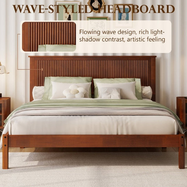 English Elm Queen Solid Rubberwood Platform Bed Sculptural Wave Headboard Walnut Finish W504P473271
