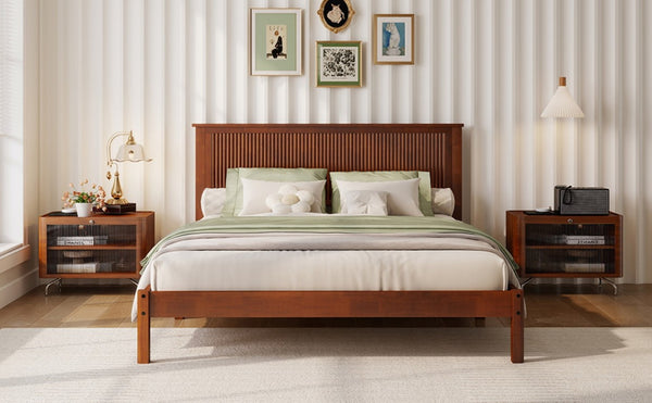 English Elm Queen Solid Rubberwood Platform Bed Sculptural Wave Headboard Walnut Finish W504P473271