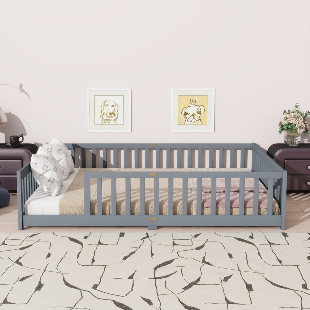 English Elm Queen Floor Bed Solid Rubberwood Frame with Safety Guardrails for Kids Toddler Sleep Grey W504P473677