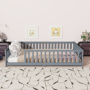 English Elm Queen Floor Bed Solid Rubberwood Frame with Safety Guardrails for Kids Toddler Sleep Grey W504P473677