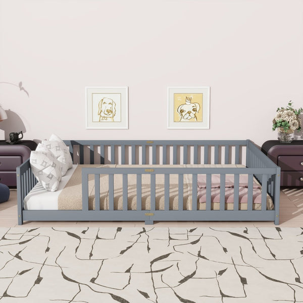 English Elm Queen Floor Bed Solid Rubberwood Frame with Safety Guardrails for Kids Toddler Sleep Grey W504P473677