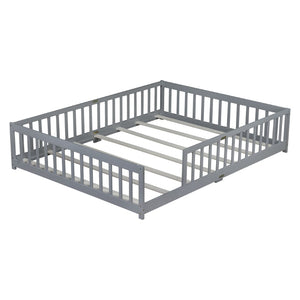 English Elm Queen Floor Bed Solid Rubberwood Frame with Safety Guardrails for Kids Toddler Sleep Grey W504P473677