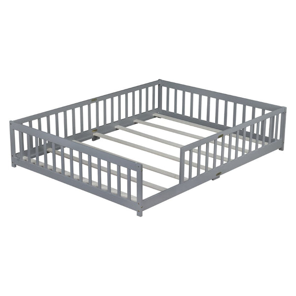 English Elm Queen Floor Bed Solid Rubberwood Frame with Safety Guardrails for Kids Toddler Sleep Grey W504P473677