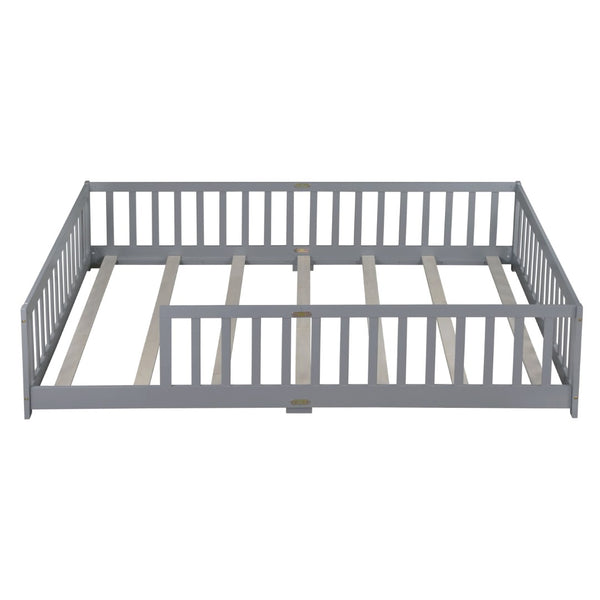 English Elm Queen Floor Bed Solid Rubberwood Frame with Safety Guardrails for Kids Toddler Sleep Grey W504P473677