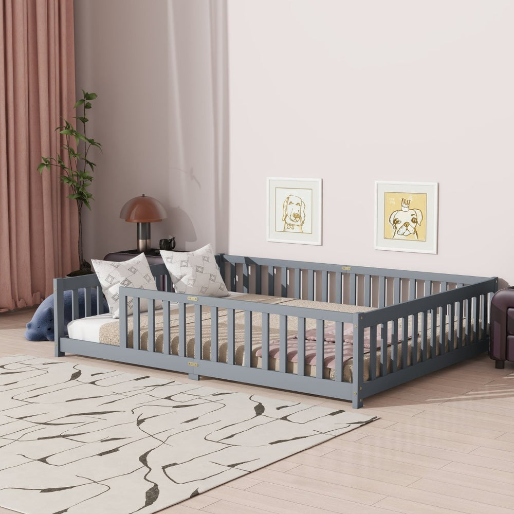 English Elm Queen Floor Bed Solid Rubberwood Frame with Safety Guardrails for Kids Toddler Sleep Grey W504P473677
