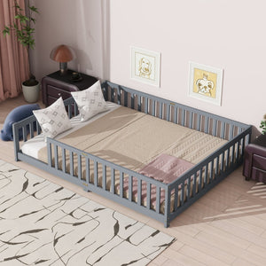 English Elm Queen Floor Bed Solid Rubberwood Frame with Safety Guardrails for Kids Toddler Sleep Grey W504P473677