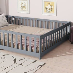 English Elm Queen Floor Bed Solid Rubberwood Frame with Safety Guardrails for Kids Toddler Sleep Grey W504P473677