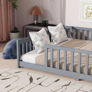 English Elm Queen Floor Bed Solid Rubberwood Frame with Safety Guardrails for Kids Toddler Sleep Grey W504P473677