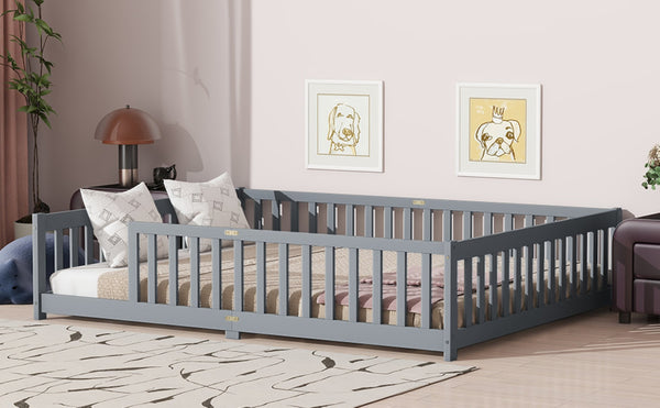 English Elm Queen Floor Bed Solid Rubberwood Frame with Safety Guardrails for Kids Toddler Sleep Grey W504P473677