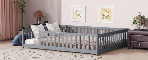 English Elm Queen Floor Bed Solid Rubberwood Frame with Safety Guardrails for Kids Toddler Sleep Grey W504P473677