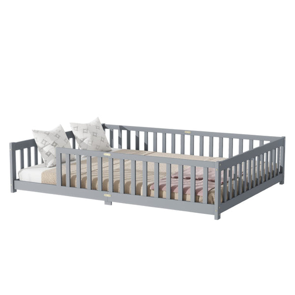 English Elm Queen Floor Bed Solid Rubberwood Frame with Safety Guardrails for Kids Toddler Sleep Grey W504P473677