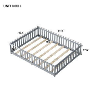 English Elm Queen Floor Bed Solid Rubberwood Frame with Safety Guardrails for Kids Toddler Sleep Grey W504P473677